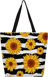Sacola de lona para mulheres, listra de girassol, flores, sacolas grandes para homens com bolsos, sacolas de compras resistentes, sacolas de compras reutilizáveis, bolsa de ombro casual para escola, trabalho, praia, Multicor