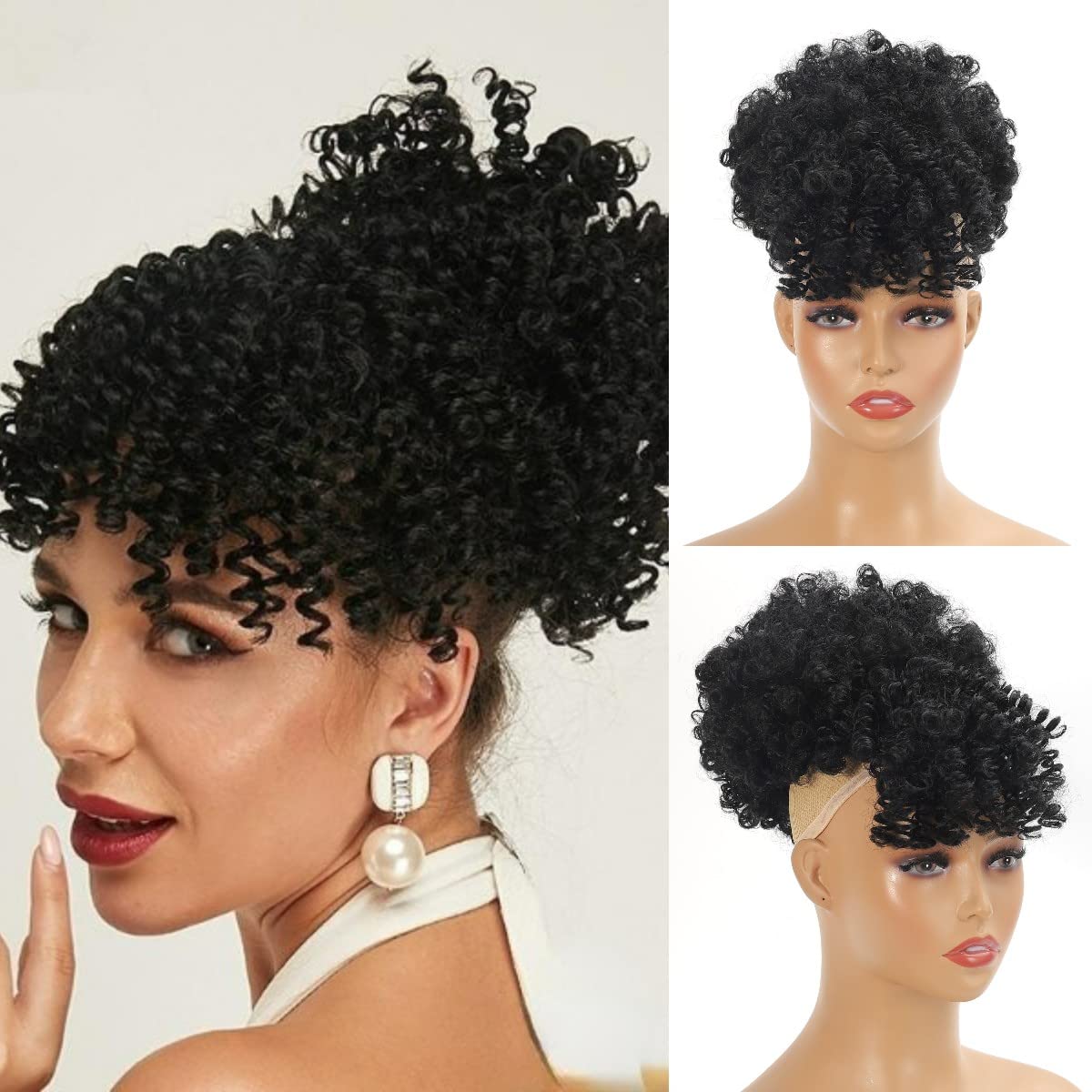 Photo 1 of HOSYTIS Drawstring Ponytail Extension for Black Women Afro Puff Extensions with Kinky Curly Hair Bun Clip in Bangs Short Ponytail Hair Extensions Updo Hairpieces for Black Women (Black)