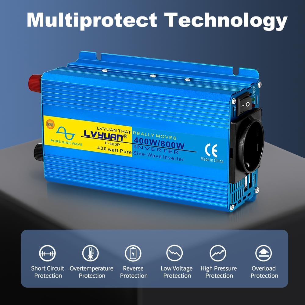 LVYUAN Pur Sinus Convertisseur 12V 220V 400W /800W Onduleur | avec 2 Ports USB