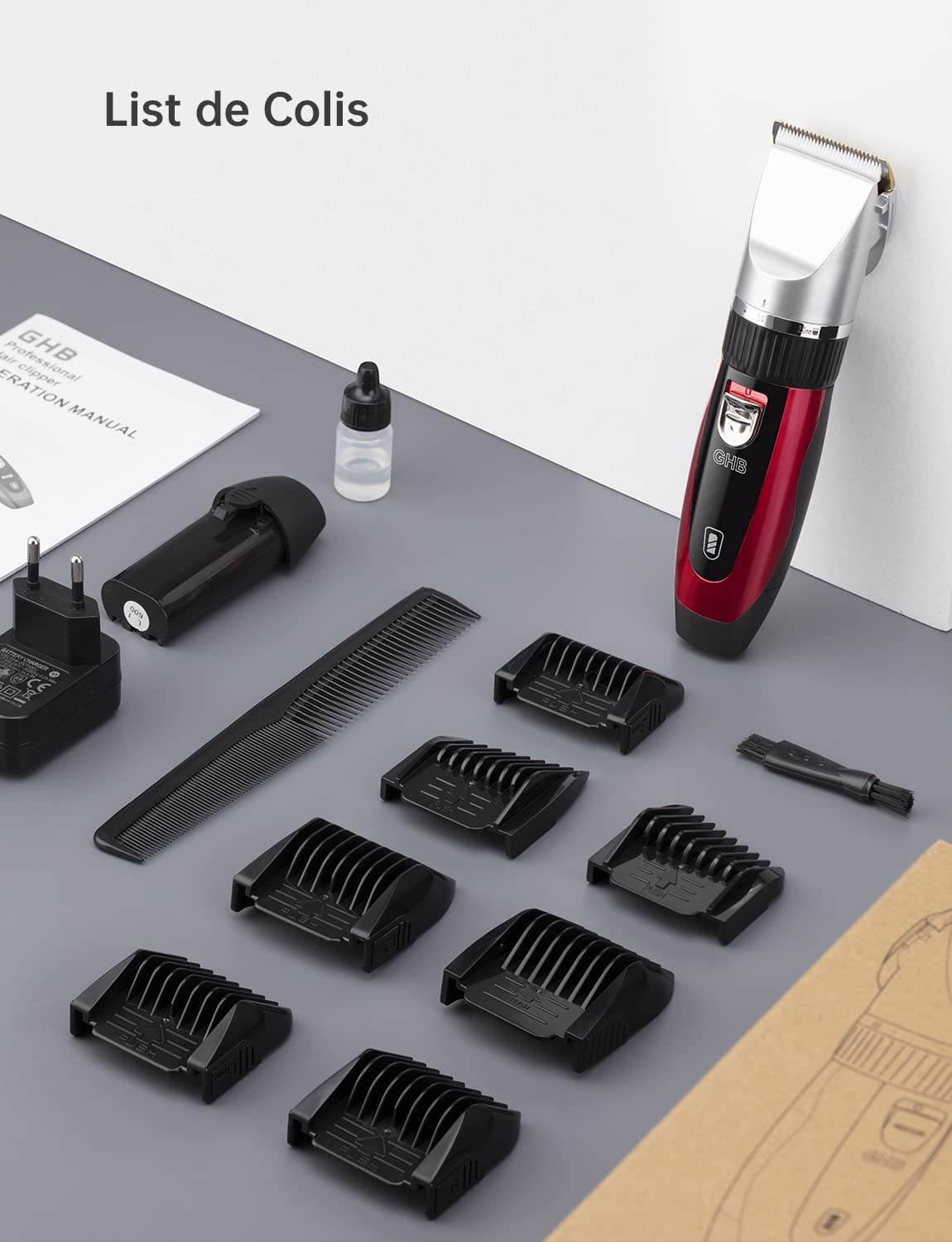 GHB Tondeuse Cheveux Hommes Tondeuses à Cheveux Professionnel Sans Fil Rechargeable avec 7 Peignes et 2 Batteries au Lithium pour Enfants Adultes Personnes Agées Salon