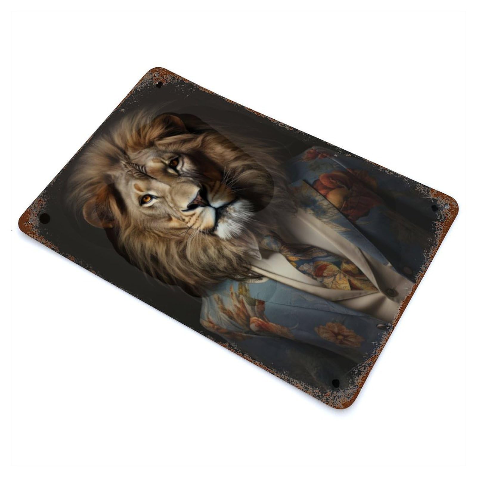 Rust Effect Lion in Boho Suit Distressed Metal Wall Sign 11.8"x7.9", Decorative Metal Wall Art for Living Room, Hallway And Home Decor