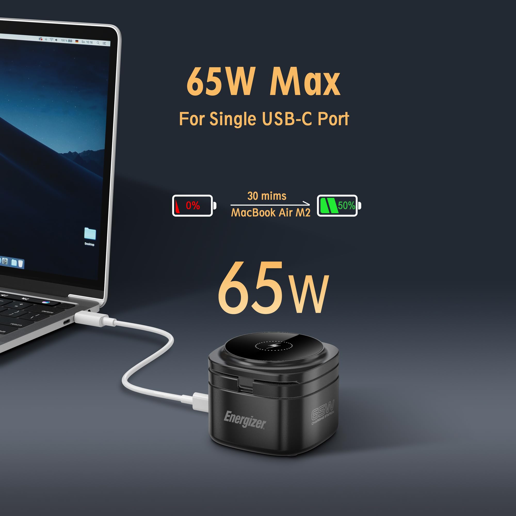 Energizer Foldable Apple Magsafe Charging Station with 65W USB C Fast Charger,5 in 1 Magnetic Wireless Charger Stand Dock for Multiple Devices iPhone 16 15 14 13 Pro Max Apple Watch AirPods MacBook