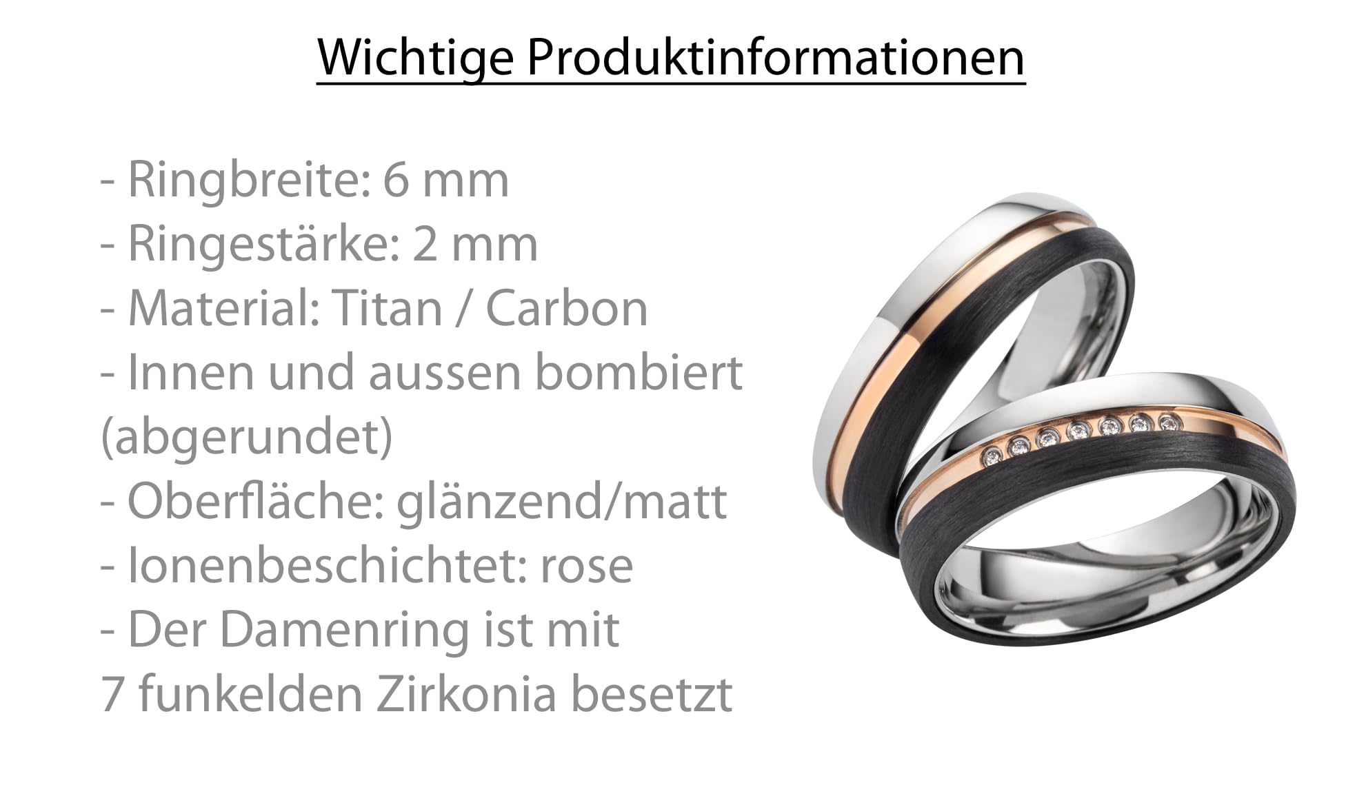 Blue Moon Diamonds Paar Partnerringe & Eheringe aus Titan Carbon – 6 mm Trauringe mit Rosé-Ionenbeschichtung & 7 Zirkonia, Hochzeitsringe Antragsringe mit Gravur im Etui | SD7016