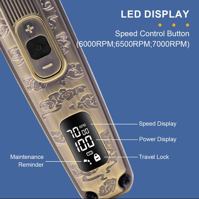 Close-up of Hatteker HT-6188 LED display showing speed, power, maintenance reminder, and travel lock