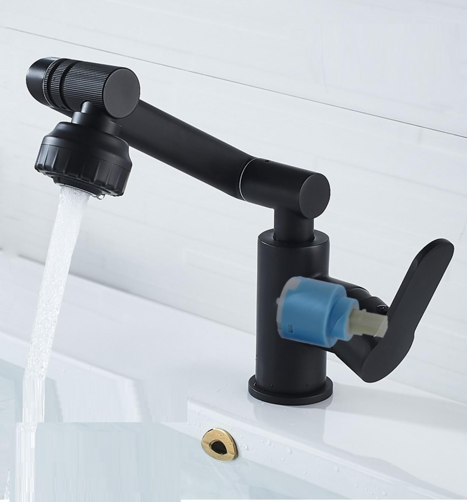 Grifo Giratorio para Lavabo, de Cobre Macizo, para Agua fría y Caliente, para encimera de baño, diseño Elevado para Uso doméstico, Elegante Acabado en Oro Blanco.