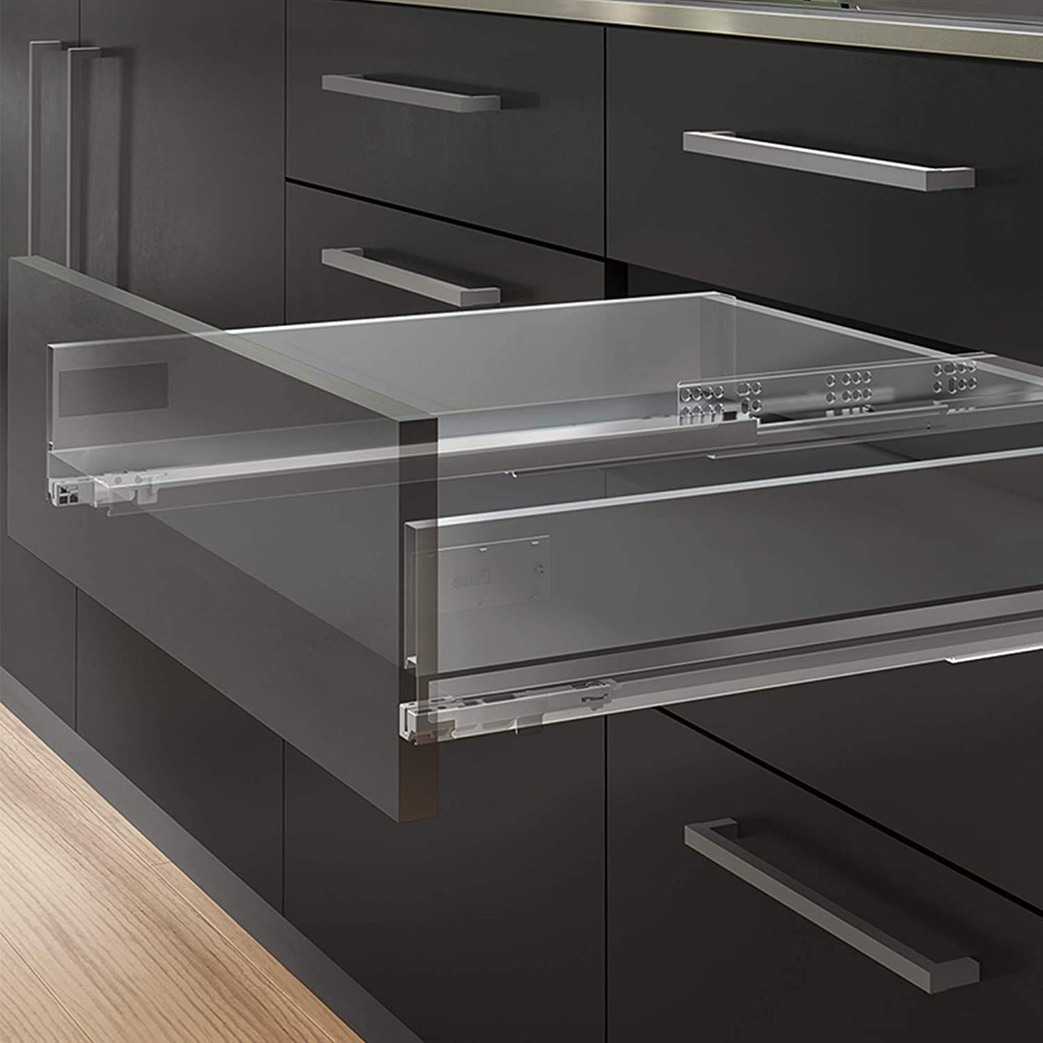 Emuca - Kit système tiroir de cuisine et salle de bain avec panneaux incluses et coulisses à sortie totale avec fermeture amortie, hauteur 178 mm pour module 450 mm et profondeur 500 mm, blanc.