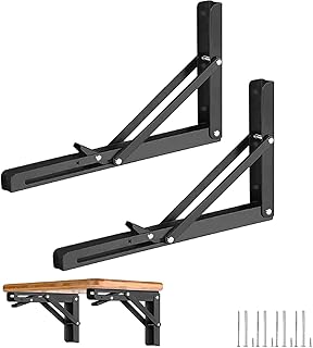 14 Inch Metal Folding Shelf Brackets 2Pack Collapsible Shelf Support for Bench Table, Wall Mounted Shelf Hinge Black Space Saving DIY Bracket with Mounting Hardware for Home Garage (350 LBS Max Load)