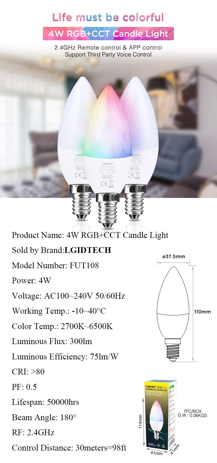 Ampoule LED Bougie 4W E14 RGB+CCT FUT108 - Couleurs Et Blanc Variables Smart