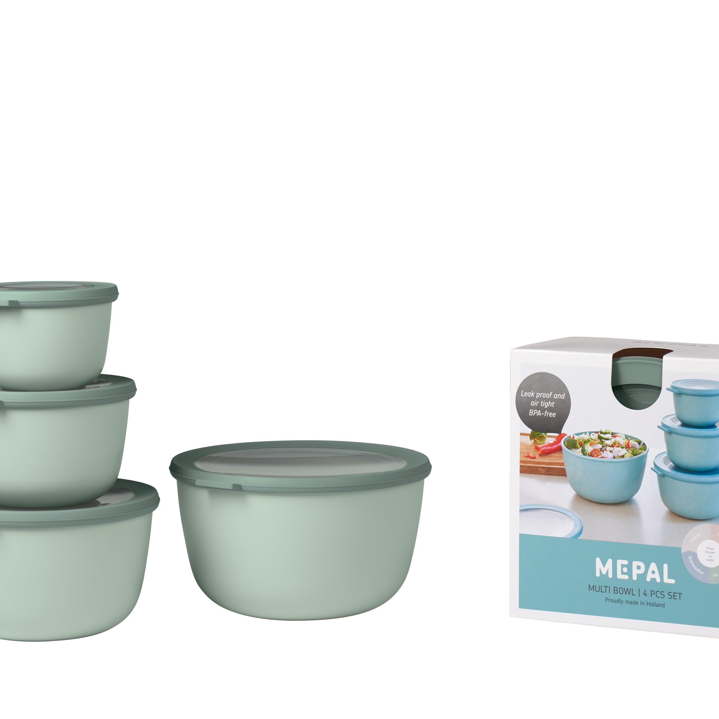 Mepal - Multi Bowl Cirqula Redondo 4-Partes - Caja de Almacenamiento de Alimentos con Tapa - Caja de Almacenamiento Hermética para Nevera y Microondas - 500, 1000, 2000 & 3000 ml - Nordic sage