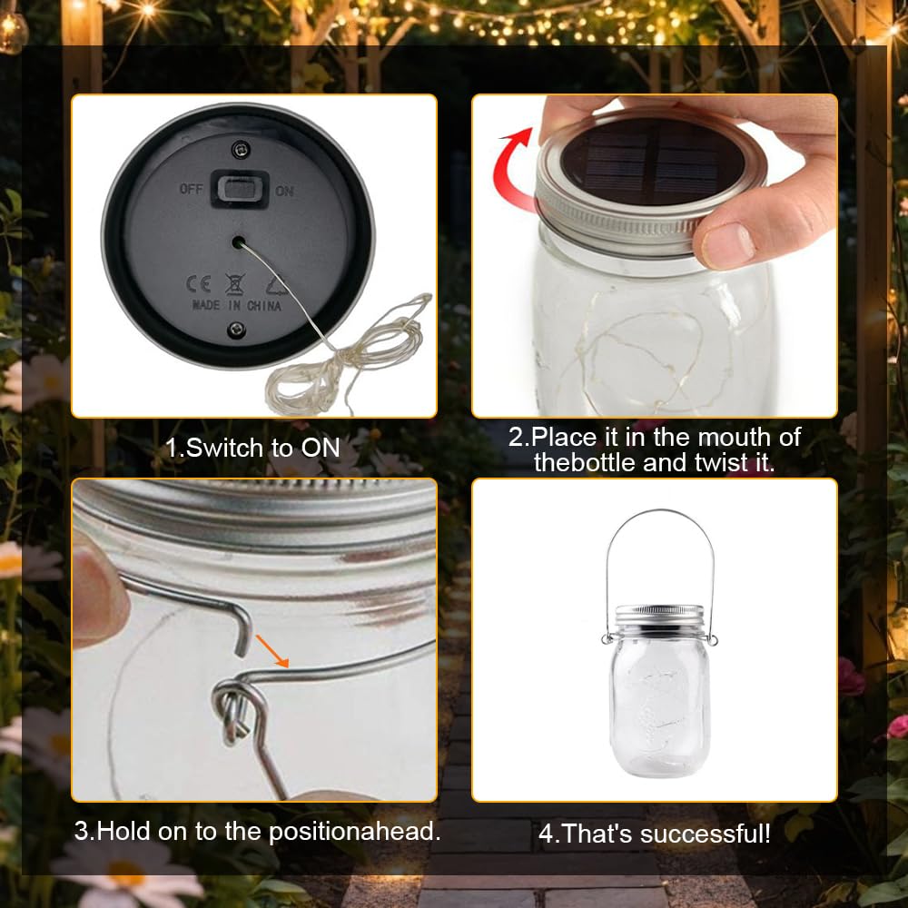 6 luci solari di ricambio, 30 LED Mason Jar, lanterna solare per esterni, con ganci, impermeabili, con coperchio per barattoli, per giardino, terrazza, balcone, feste