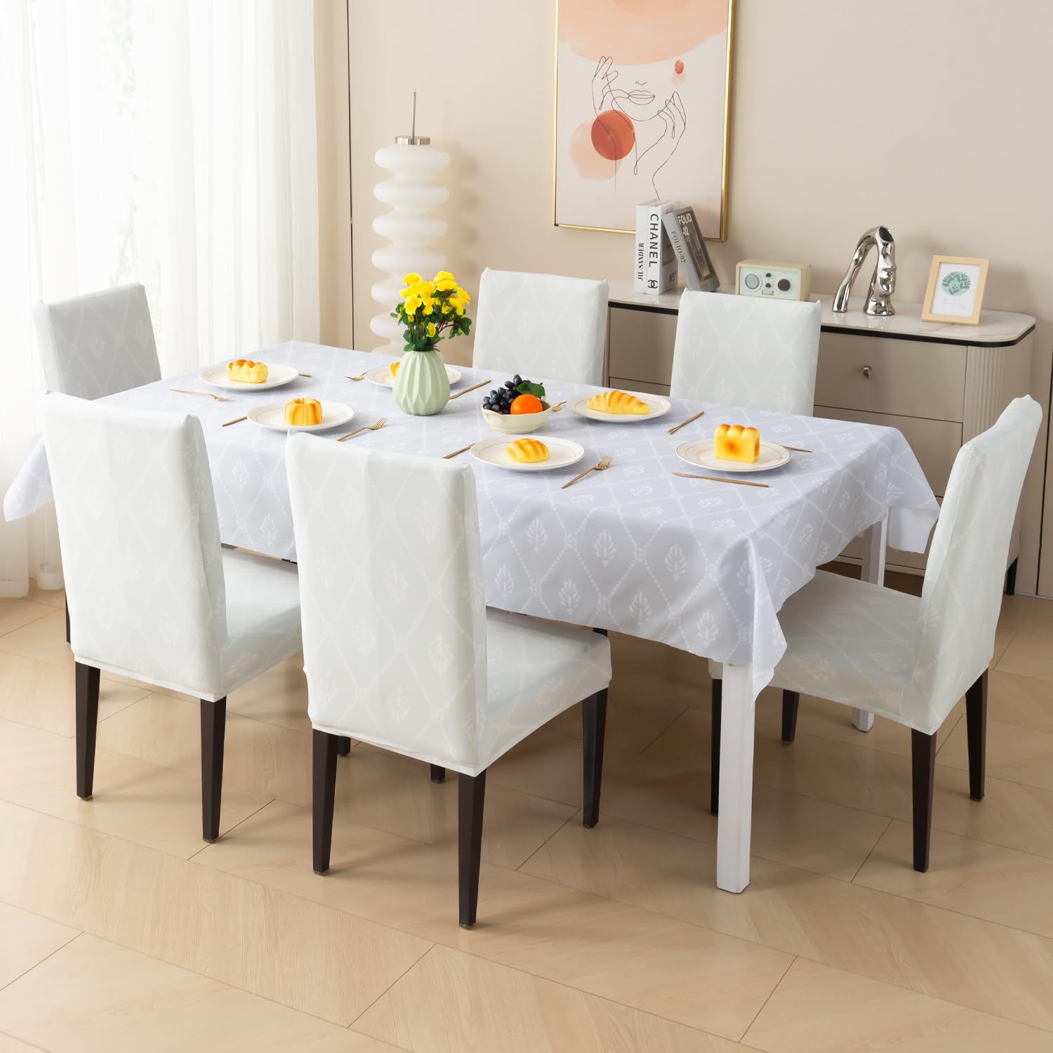 House of Quirk Dining Table Cover Waterproof with 6 Chair Covers for Kitchen Dining Table Cloth Dust and Oil Repellent (Grey Canvas, 1 Table Cover + 6 Chair Cover)
