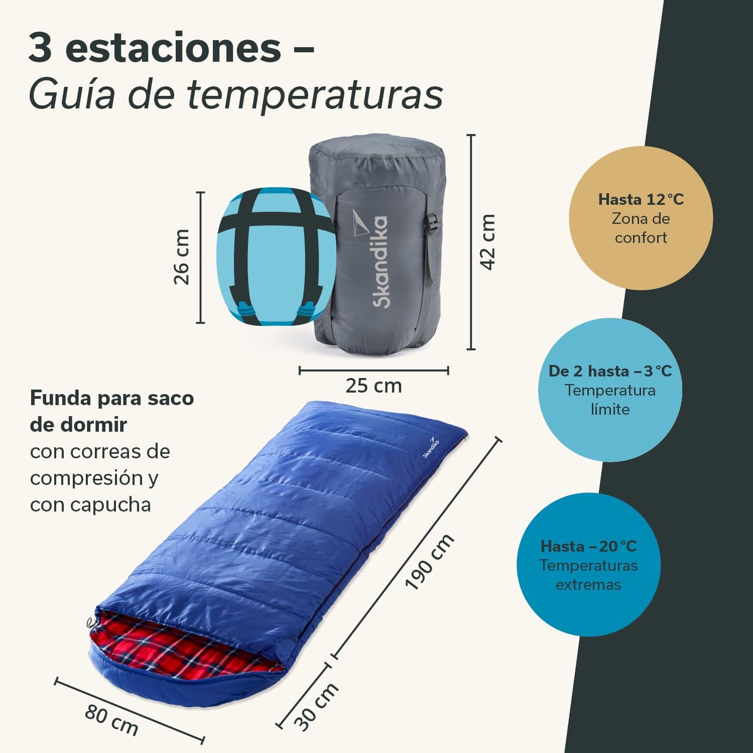Saco de Dormir Dundee Flannel | Saco de Dormir de algodón para Adultos, acoplable, 3 Estaciones, hasta -20°C, 220 x 80 cm / 220 x 160 cm Saco de Dormir Doble (Azul/Derecha)