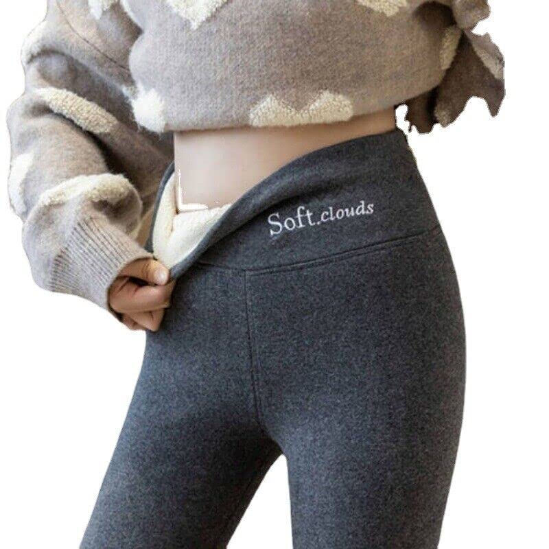 Casual Warm Winter Solid Pants Lambskin Winter Leggings Soft Clouds Fleece Leggings for Women (Deep Gray,L)