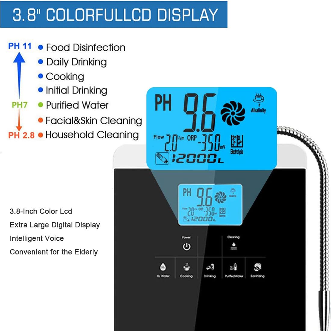 Ionizzatore Acqua Alcalina, Purificatore Macchina Generatore Di Idrogeno, Filtro per Acqua Potabile Acida Alcalina Domestica Lcd 3,8 Pollici, 8000 Litri per Filtro, Voce Intelligente