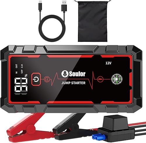 Miniatura 11 de Arrancador de Batería, Arrancador de Batería Portátil, Arrancador de Batería de Coche con 3 Modos de Linterna, Brújula, Banco de Energía y Cable de