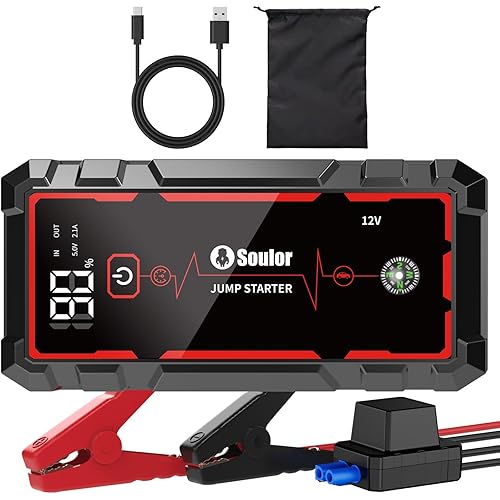 5000A Jump Starter Car Battery Jumper Starter Portable with Jumper Cable, Quick Charge Power Bank, 3 Modes Flashlight, Compass