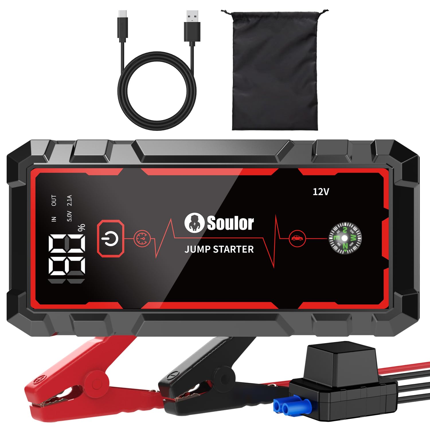 5000A Jump Starter Car Battery Jumper Starter Portable with Jumper Cable Quick Charge Power Bank 3 Modes Flashlight