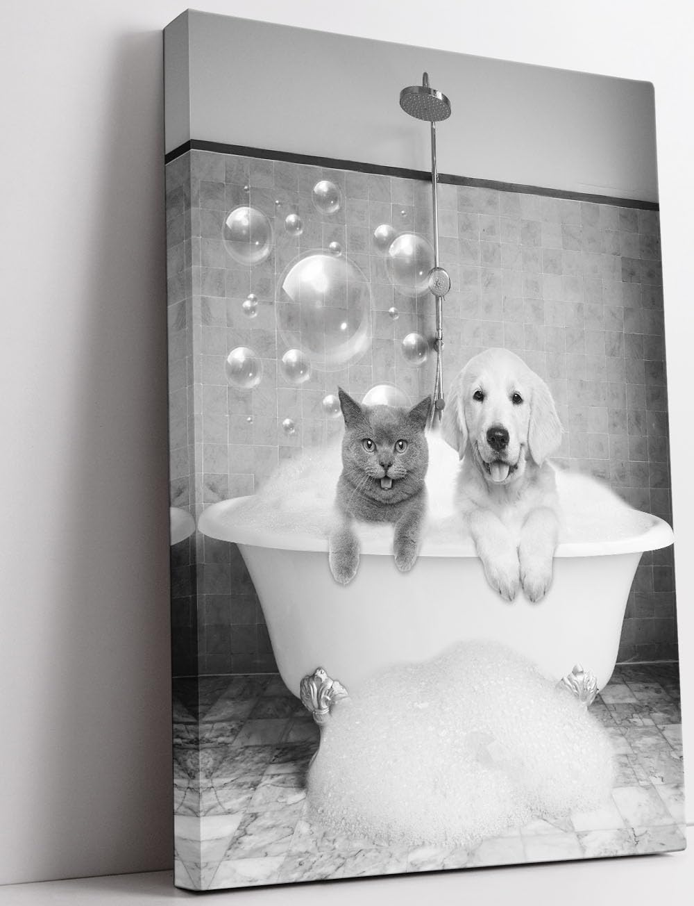 Biufo Black White Cat Dog in Bathtub Canvas Wall Art Animal Print Picture for Bedroom Bathroom Decor (16"x24")