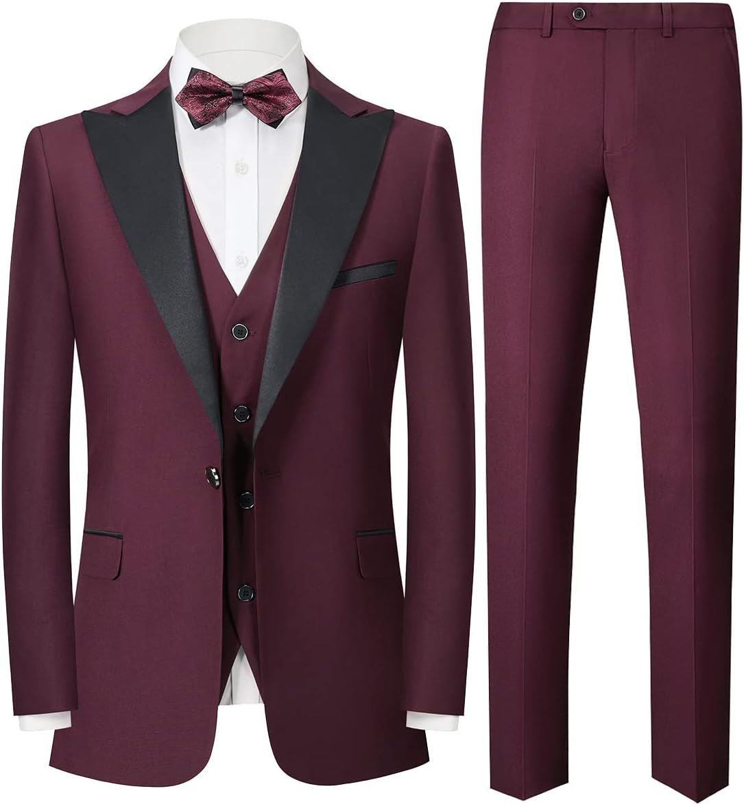 BIISDOST Kostuum voor heren, zwart, regular fit, 3-delig - pak voor heren, blazer, vest, broek, set, slimfit, bruiloftspak, twee knopen, smoking pak, feestpak voor business, formeel huwelijk