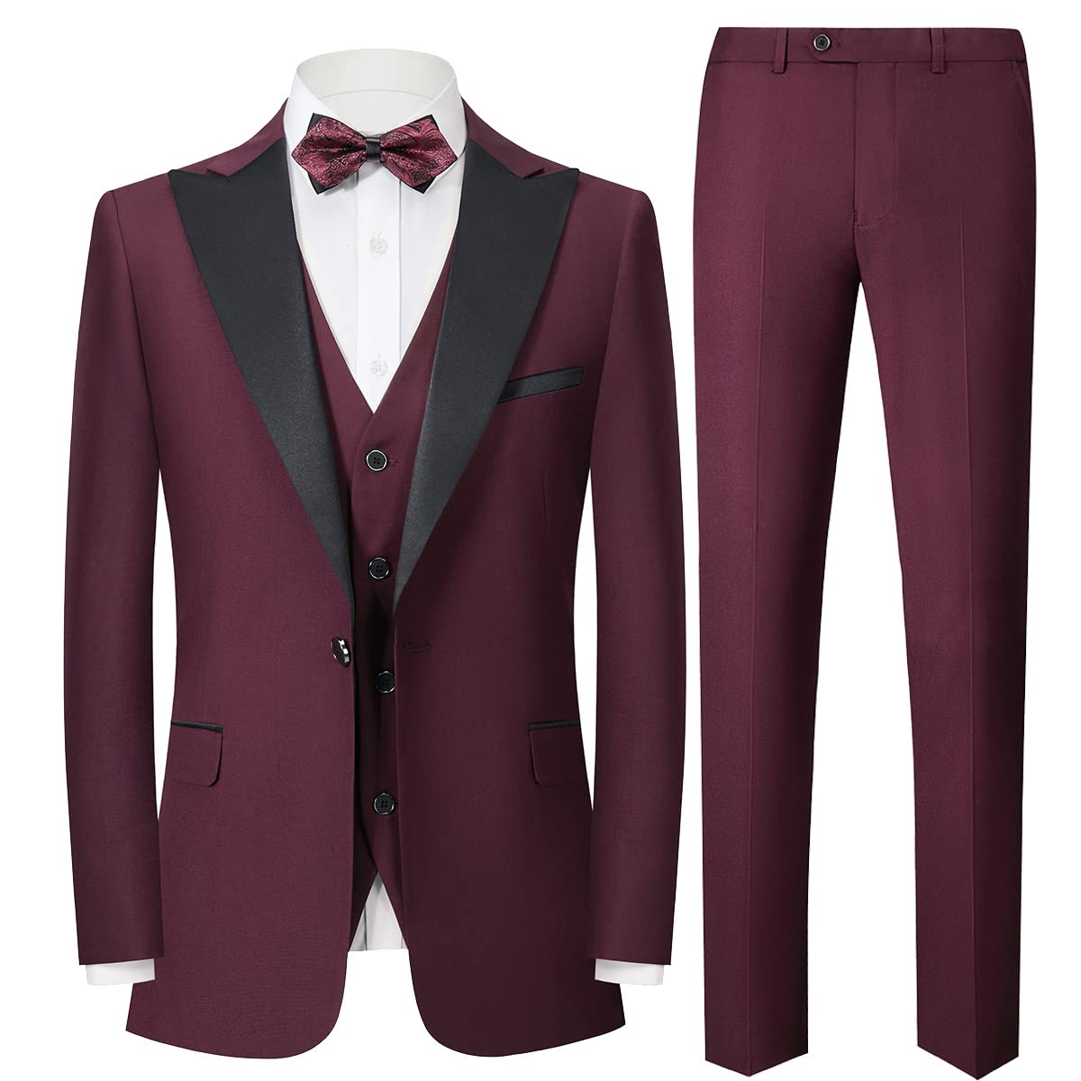 Sliktaa Abiti da uomo Set da 3 pezzi Slim Fit monopetto un bottone Abito smoking formale da sposa Business Performance Blazer Gilet Pantaloni
