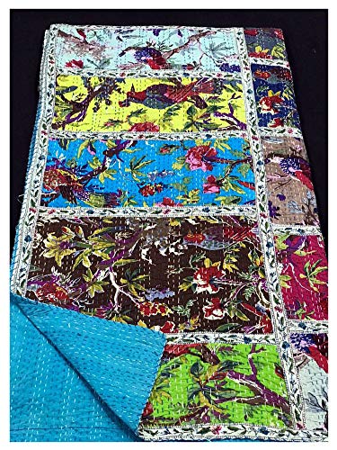Marusthali Colcha india hecha a mano de algodón con estampado floral, reversible, diseño de pájaros Kantha, colcha y colcha de puntada, tamaño individual, Queen/King