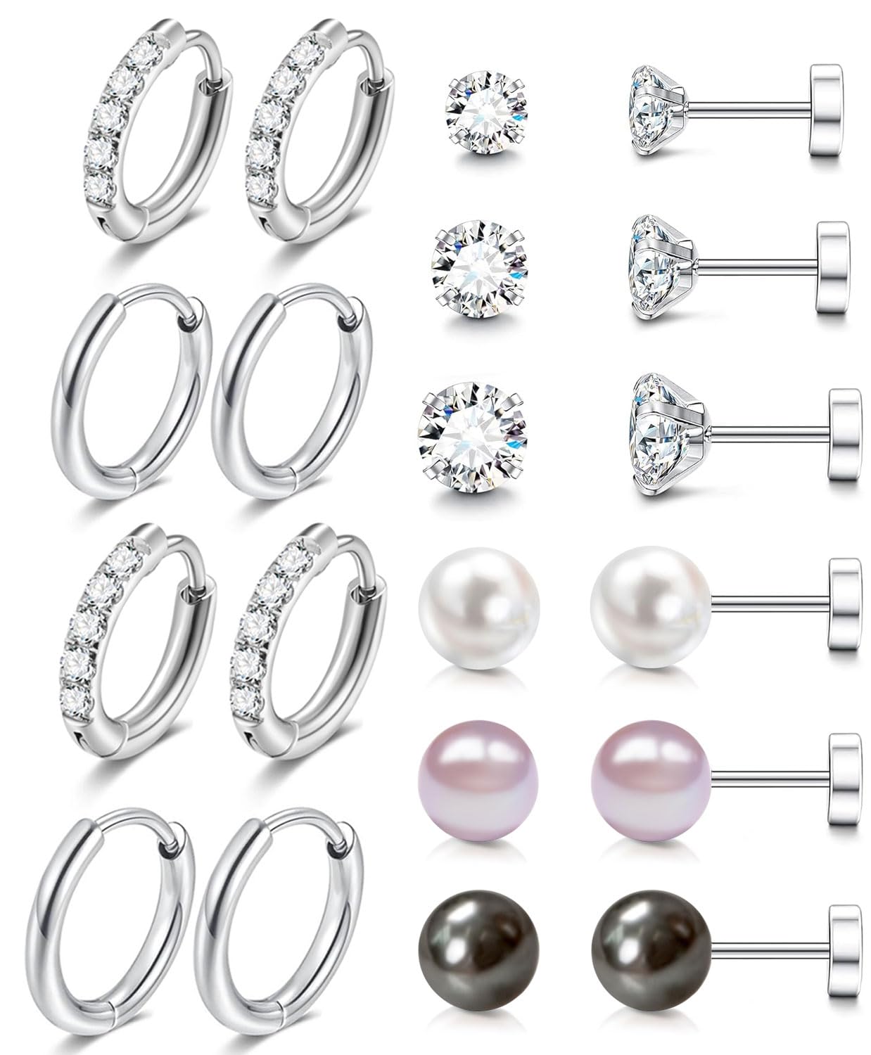 Surgical Steel Earrings Sets for Sensitive Ears Lightweight Small Huggie Hoop Earrings Hypoallergenic 20G Stainless Steel Opal Ball Pearl CZ Flat Back Earrings for Women Men Trendy Cartilage Earrings Hoop Stud