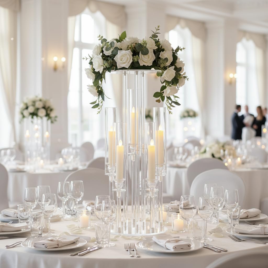 4PCS 5 Arm Candelabra,Clear Centerpiece for Table,Acrylic Centerpiece Stand for Wedding Reception,Acrylic Candle Holder for Event Celebration Wedding Birthday Home Christmas