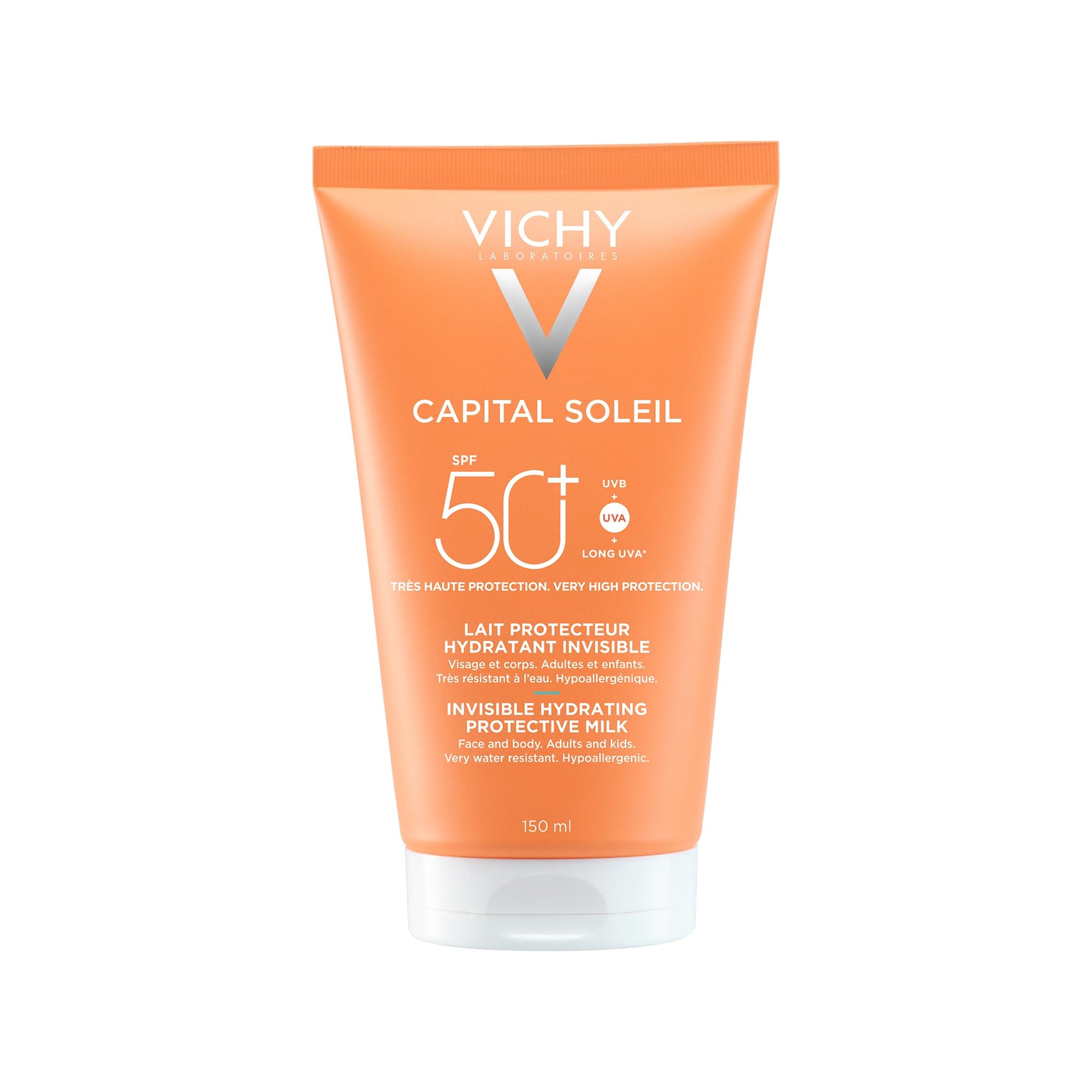 Vichy Capital Soleil Leche protectora solar hidratante invisible SPF50+, protección contra los rayos UVA+ UVB y UVA largos, 150 ml