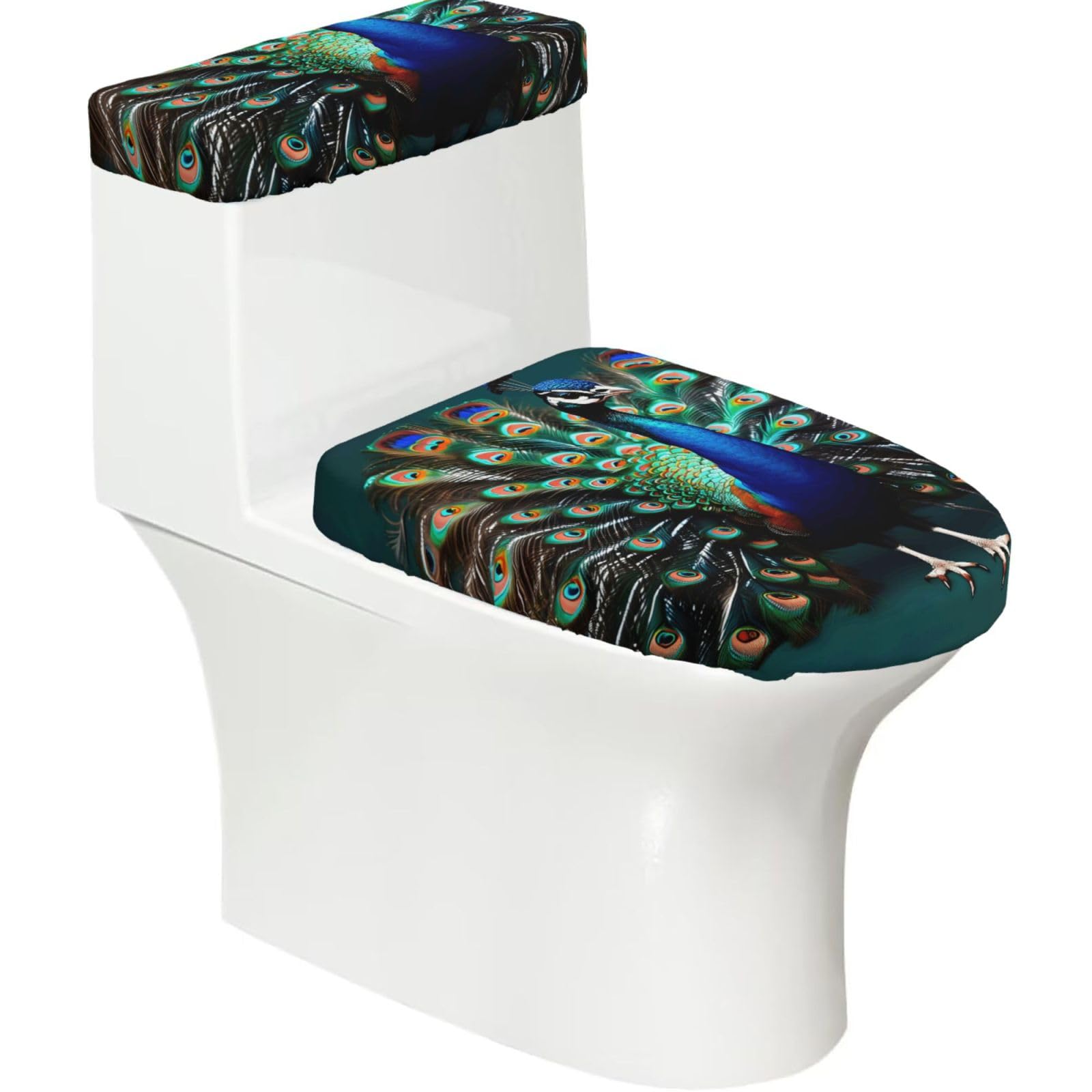 Beautiful Peacock Printed Toilet Tank and Lid Cover Set of 2 for Most Bathrooms, Fits Elongated Round Toilets