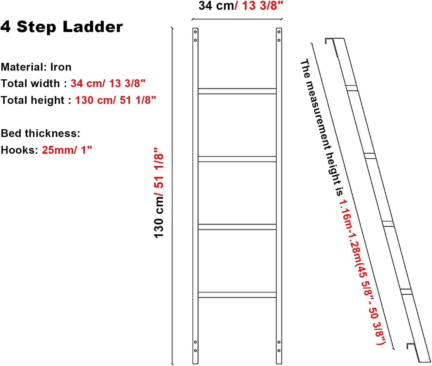Bunk Ladder Heavy Duty Bunk Ladder for High Beds, Home RV Loft Dormitory Metal Step Ladder for Travel Trailers, Portable Twin Climbing Ladder Adjustable (Size : 140cm) (130cm)