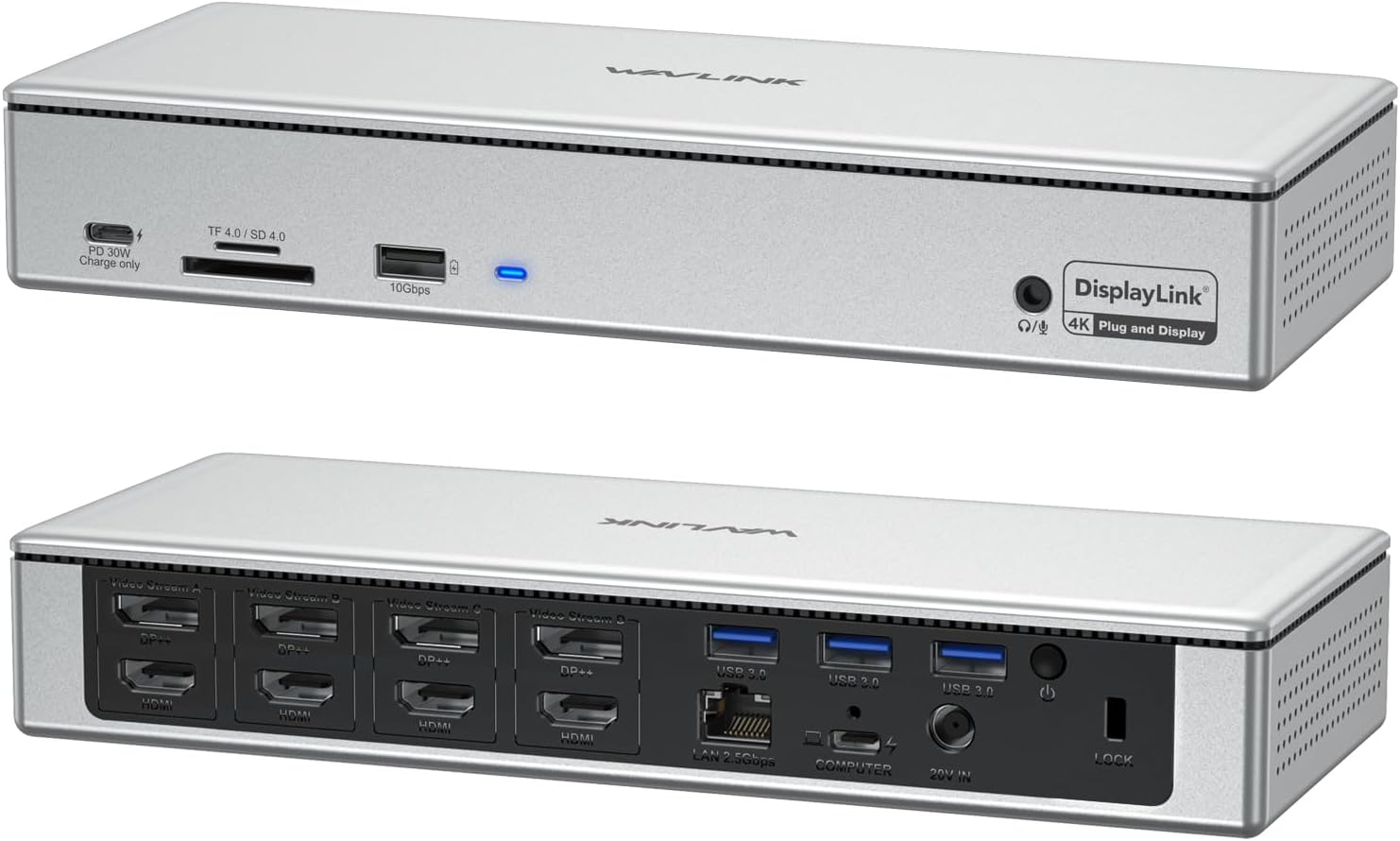 DisplayLink Laptop Docking Station - Quad Monitor 5K/4K @60Hz, 100W Charging - Thunderbolt 4/3, USB-C/A - M1 M2 Mac/Windows/Chrome/Ubuntu - 4 HDMI, 4 DP, 180W Power, SD 4.0 CR, 2.5Gbps LAN