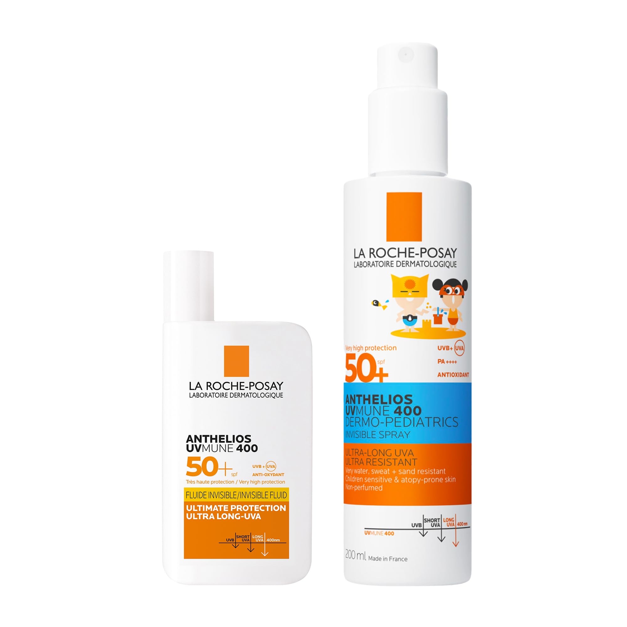 La Roche-Posay Anthelios Set mit Sonnenspray für Kinder und UVMune 400 Invisible Fluid, Für empfindliche und zu Neurodermitis neigende Haut, UVA-/UVB-Schutz, mit LSF50+, Mexoryl 400, 200 ml + 50 ml