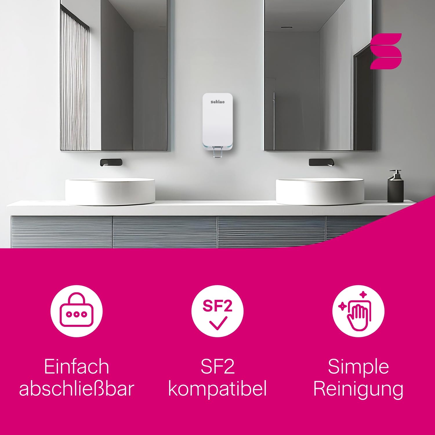 Satino HYGINITY multifunktionaler Spender - für Flüssig- und Schaumseife, Desinfektionsmittel & Reiniger - extra kompakter Seifenspender – SF2 Desinfektionsmittelspender – weiß
