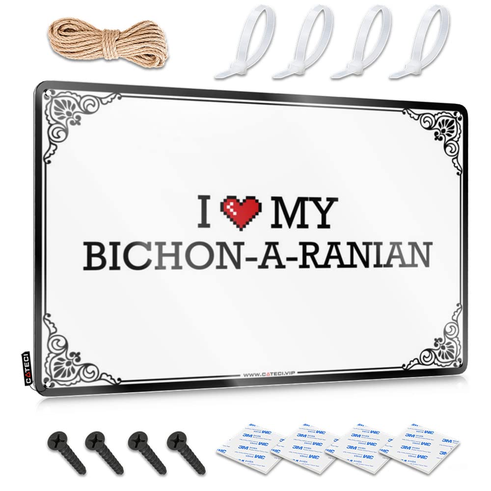 Fzfn Colour Matal Sign Sweet Ready To Hang - I Love My Bichon-A-Ranian Decor For Tailgating(20X30cm)