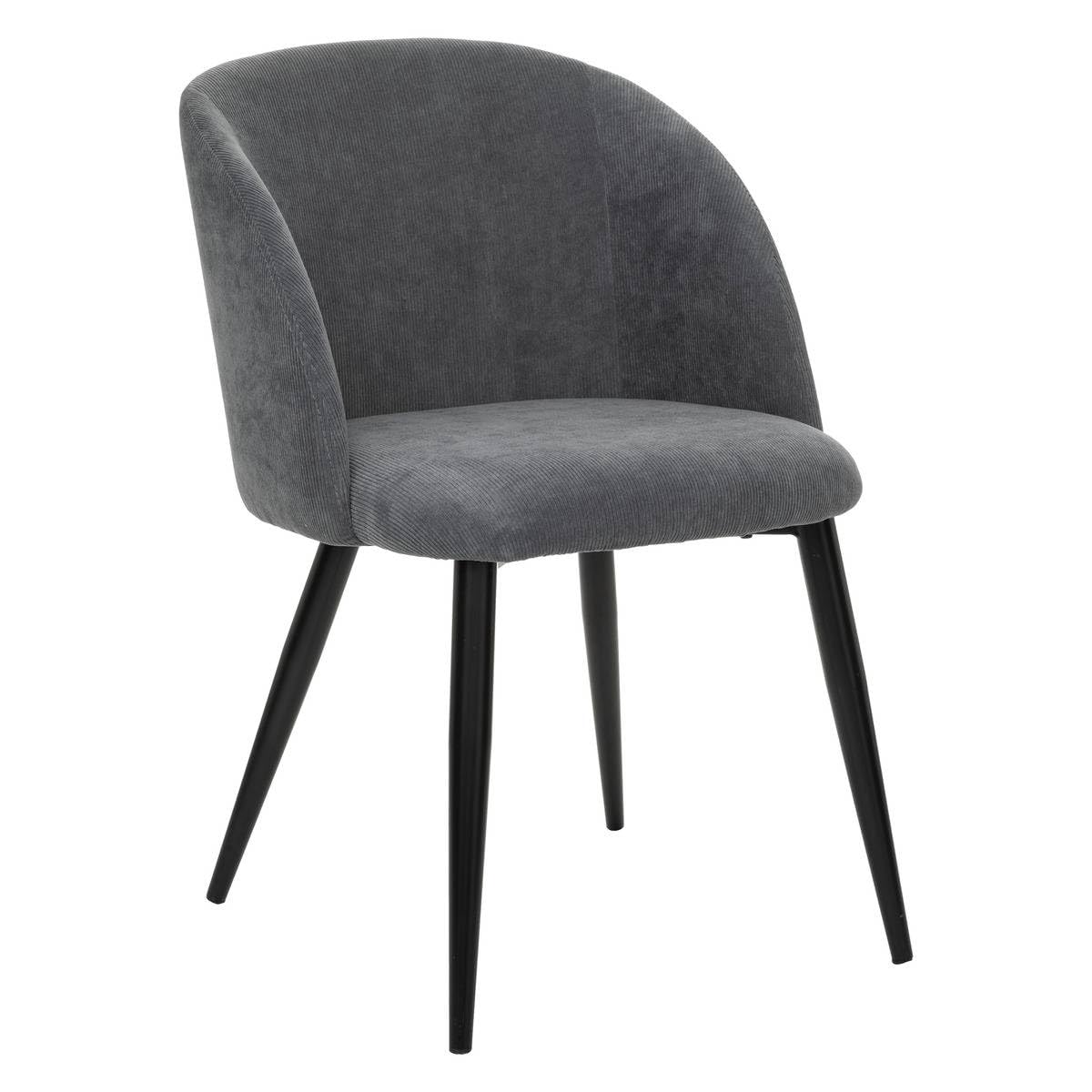 Chaise Fauteuil de Table en Velours côtelé Gris Galet et Pieds en métal Noir - Atmosphera