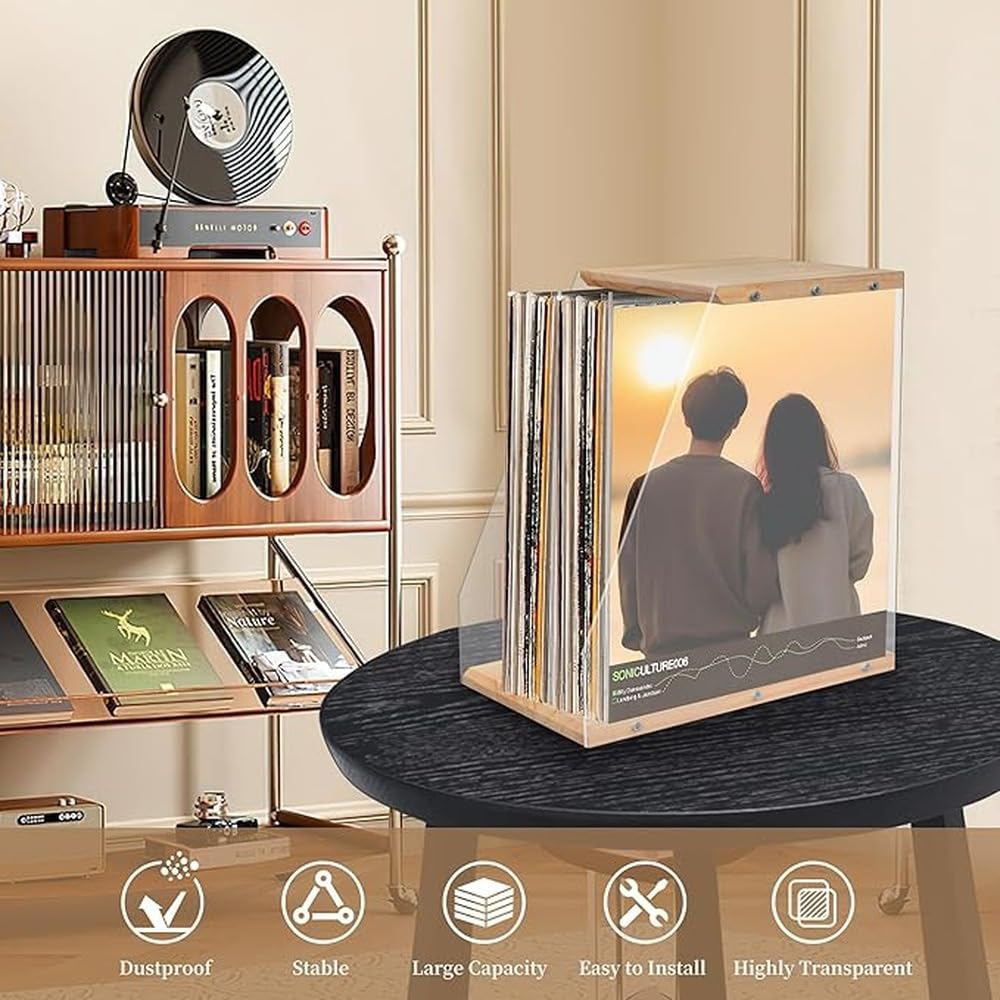 Supporto per dischi in vinile con ripiano portaoggetti per una