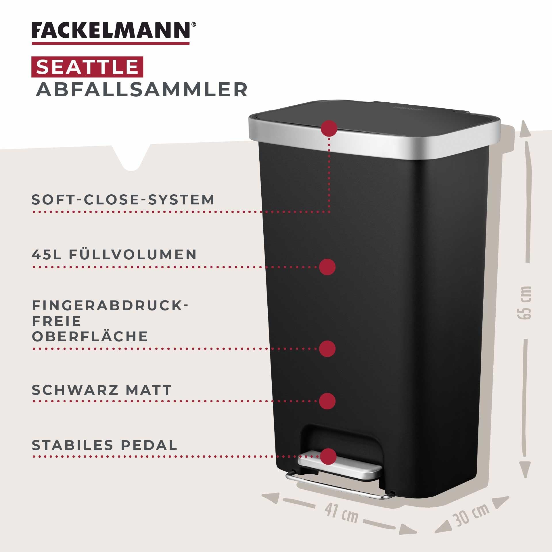 FACKELMANN SEATTLE Pedal-Abfallsammler 45L, Schwarz – Stilvoller Mülleimer mit Soft-Close System & robustem Pedal für Küche und Büro