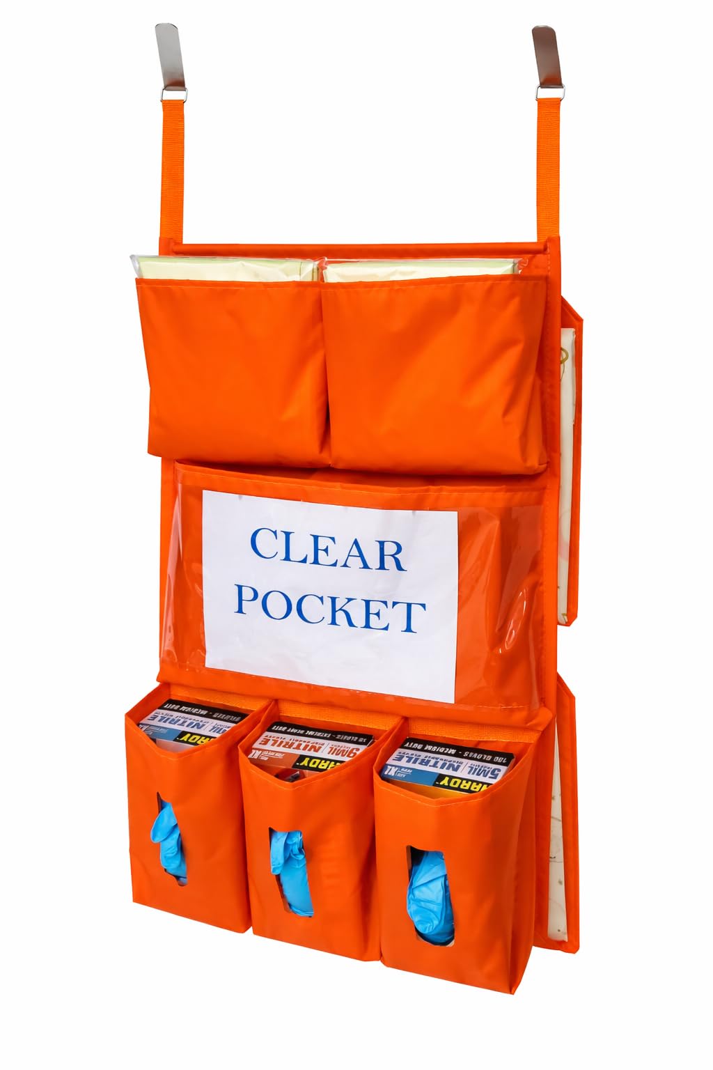It's Sew EZ PPE Isolation Door Caddy - 8 Pockets - NFPA-701 Fire Resistant Nylon Oxford with Two Stainless Steel Hooks included (Orange)