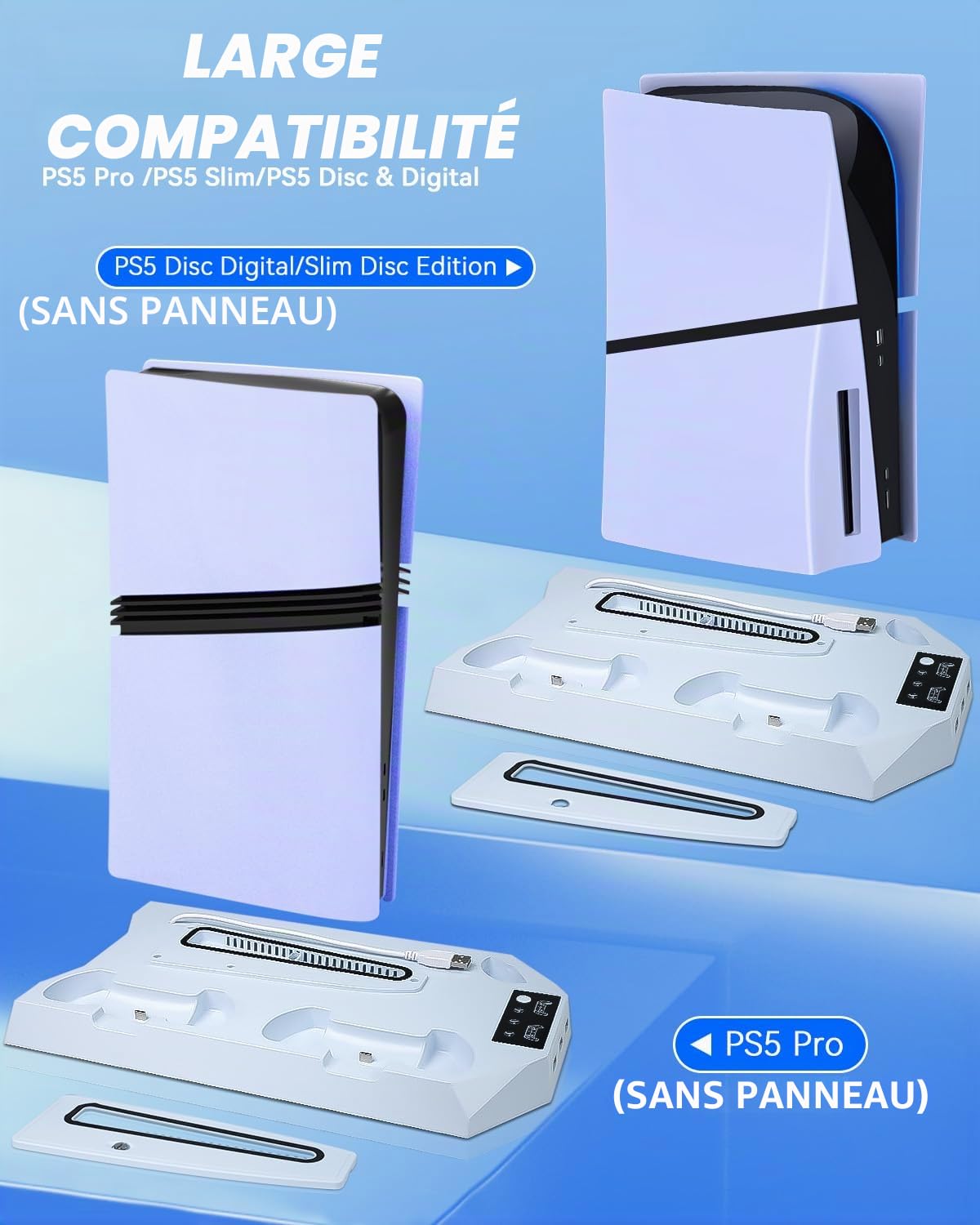 Sehawei Support PS5/PS5 Pro avec Ventilateur de Refroidissement et Chargeur Manette PS5, Ventilateur PS5 avec Télécommande pour PS5/PS5 Pro/ps5 Slim Disc & Digital