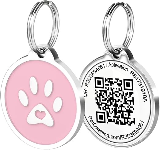 QR Pet Tag – Easy Scan Instant Location Alerts, Online Pet Profile with AI Feature for Dogs & Cats (Pink Paw)
