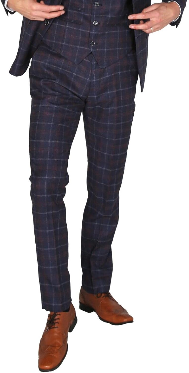Men’s Checked Plaid Navy Suit - Wedding Business Tailored Fit 3 Piece Set Sold Separately