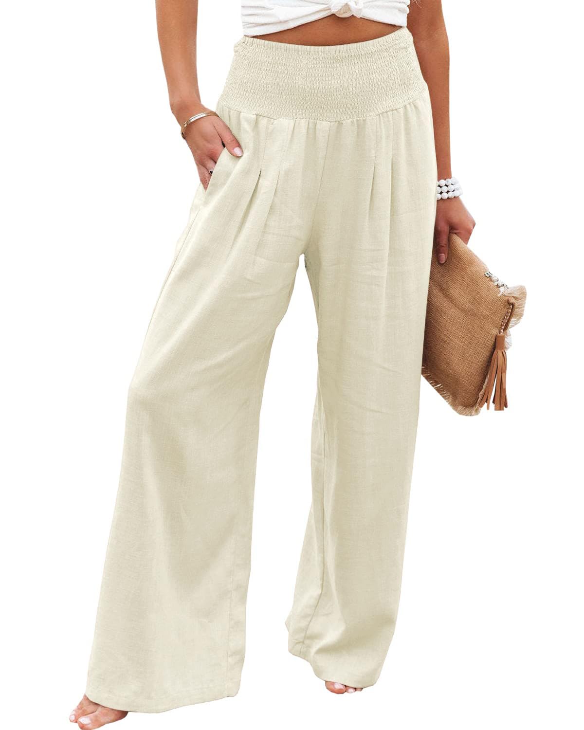 Vansha Women Summer High Waisted Cotton Linen Palazzo Pants Wide Leg Long Lounge Pant Trousers with Pocket