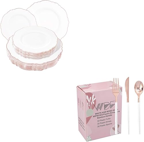 WDF 90 cubiertos de plástico de oro rosa, 60 platos de plástico de oro rosa