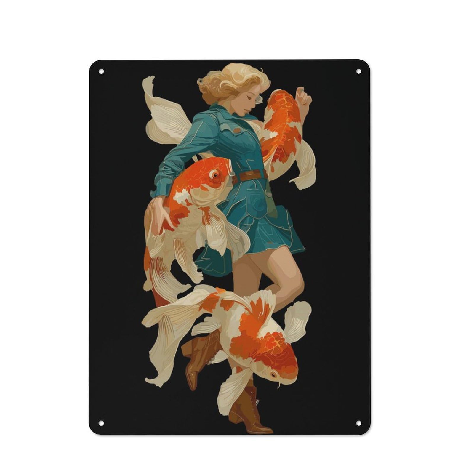 Junmoney Woman With Koi Fish Illustration Tin Wall Plaque 40X30cm With For Guest Room Or Hallway, For Hallway Wall Decor Fans