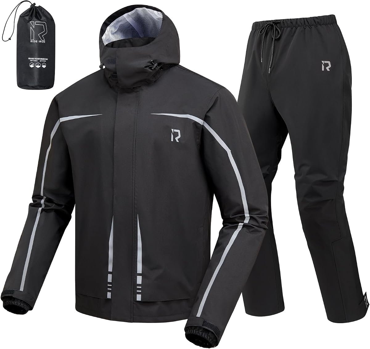 RIDEIRON Equipo de lluvia para motocicleta para hombres y mujeres, traje de lluvia impermeable | Clasificación de impermeabilidad de 15.000 mm, Aberturas para las piernas con cremallera, Diseño de asiento espacioso, Reflectante, Transpirable, Pesca, Golf, Caza