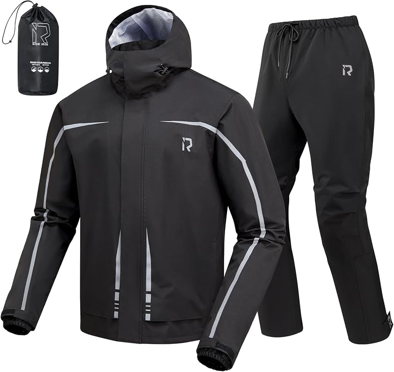 RIDEIRON Equipo de lluvia para motocicleta para hombres y mujeres, traje de lluvia impermeable | Clasificación de impermeabilidad de 15.000 mm, Aberturas para las piernas con cremallera, Diseño de asiento espacioso, Reflectante, Transpirable, Pesca, Golf, Caza