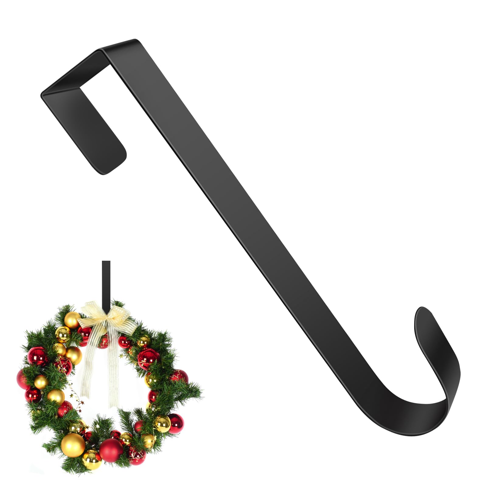 Tweozek Black Christmas Wreath Hangers, 12" Wreath Hanger For Front Door, Door Wreath Holder Metal Hanging Hook For Halloween, Wedding & Christmas Decorations Over Door Hanger (Black)