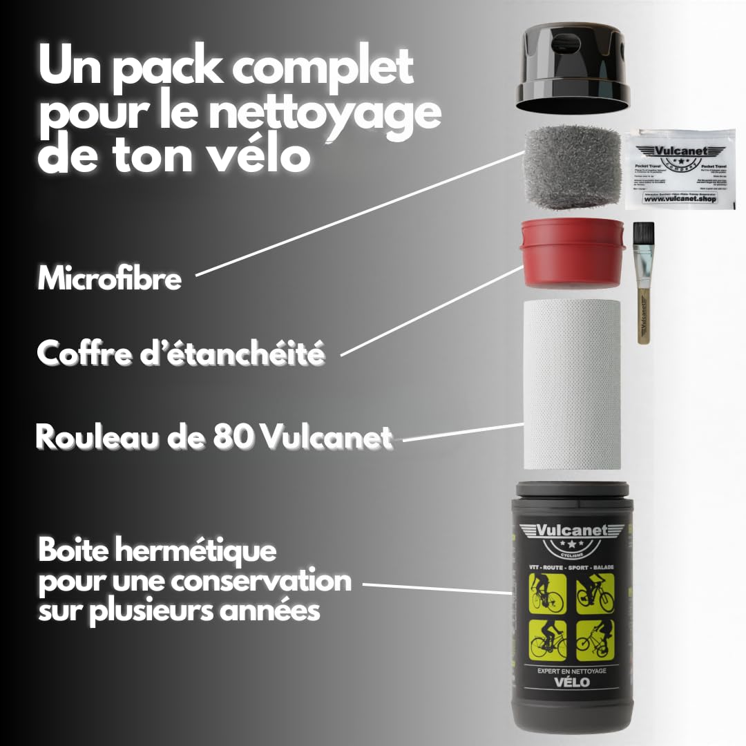 Vulcanet Nettoyant Sans Eau Pour Vélo De Route, Vtt Et Électrique - Microfibre Pinceau Inclus Dégraisse Protège Remet À Neuf - Transportable Partout, 80 Unités (Lot 1)
