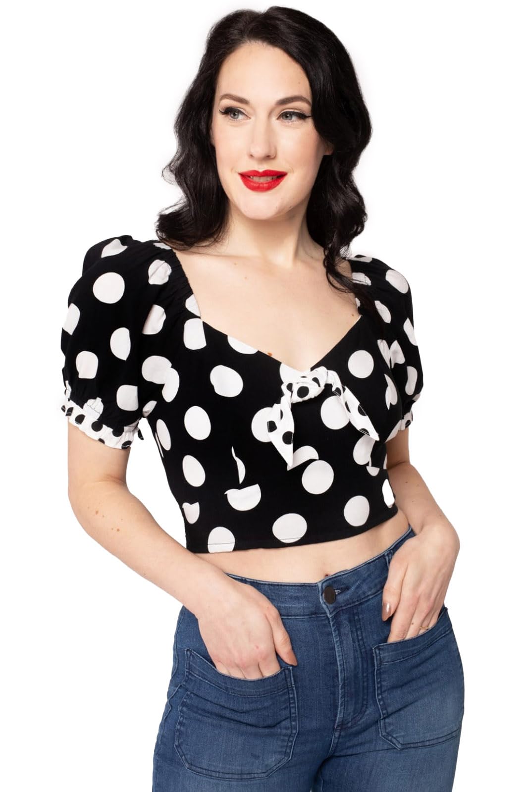Hell Bunny Dolores Black Polka Dot Viscose Crop Top - Women's Size S