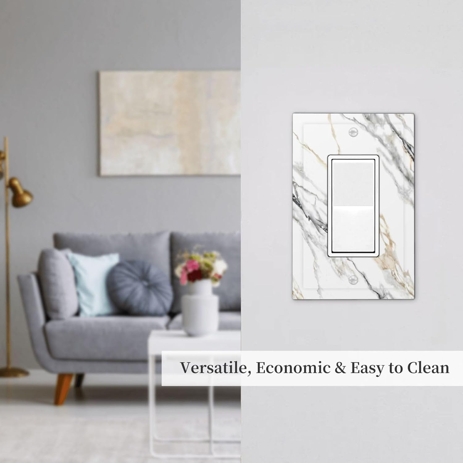 White Grey Marble Light Switch Cover Decorative Gray Marble 1 Gang Single Rocker Wall Plate Switchpalte Electrical Faceplate Outlet for Bathroom Kitchen Home 5" x 3"